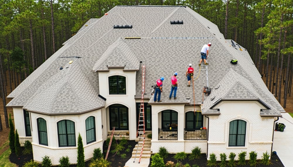 Residential roofing team working on a home in The Woodlands, TX